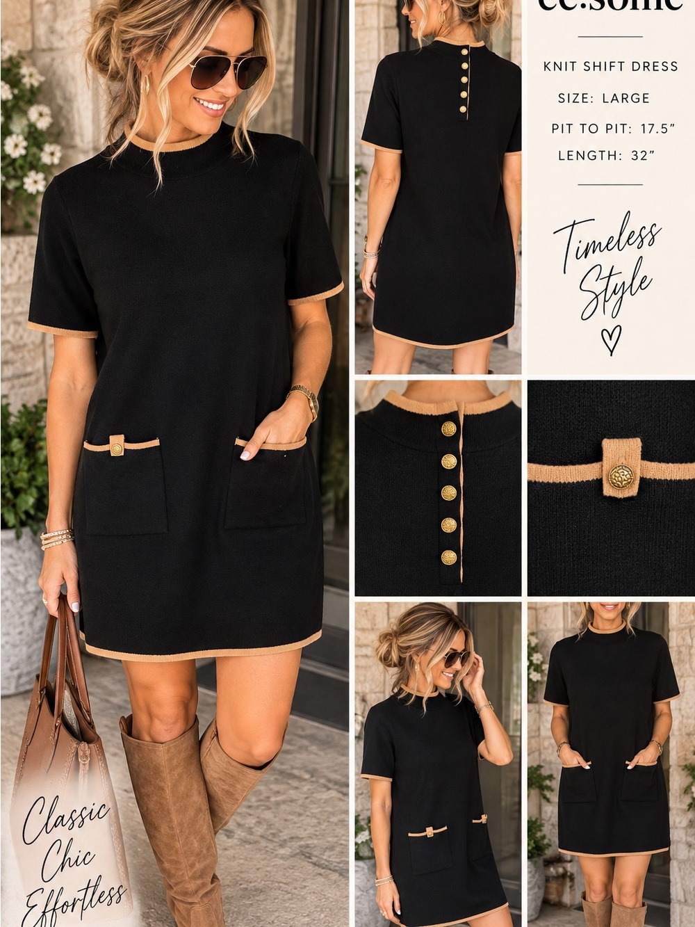 eesome Black Knit Shift Dress with Tan Trim